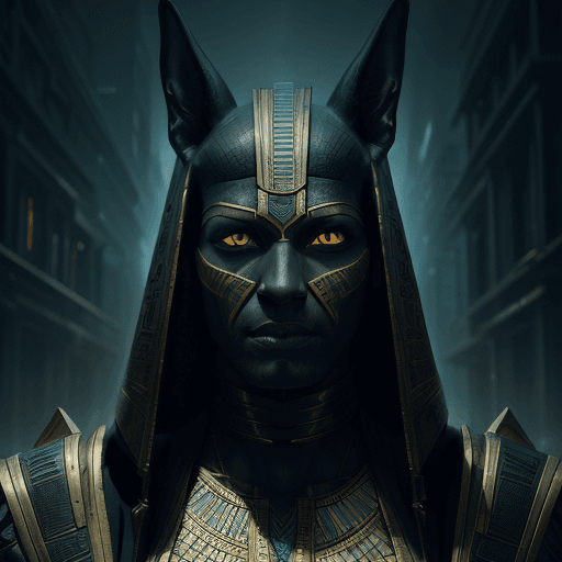 AI generated: portrait the egyptian male anubis, cyberpunk, black, pyramid, hyperdetailed eyes, hyperrealism extre...