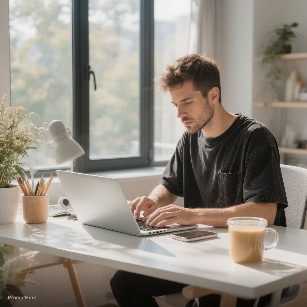 AI generated: modern, minimalist workspace, focused designer man at a white desk, surrounded by objects of product...