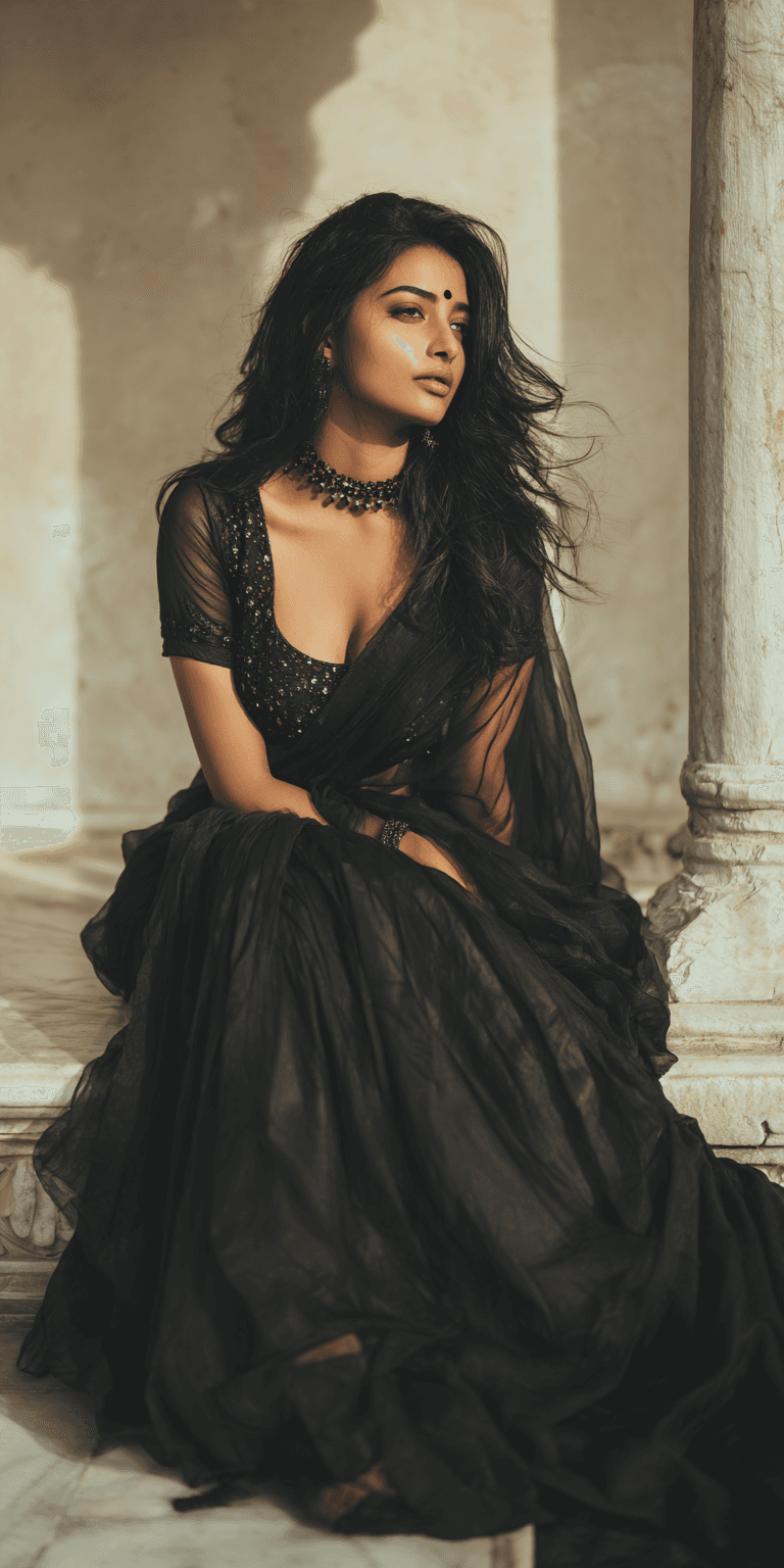 AI generated: **breath takingly gorgeous curvy Indian woman in a black designer saree, black beaded jewelry, black...