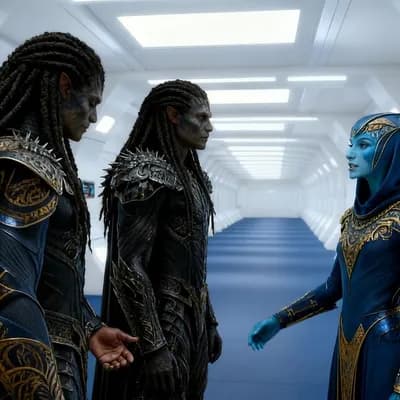 AI generated video: three alien figures facing each other in a bright futuristic corridor, female leader issuing a calm ...