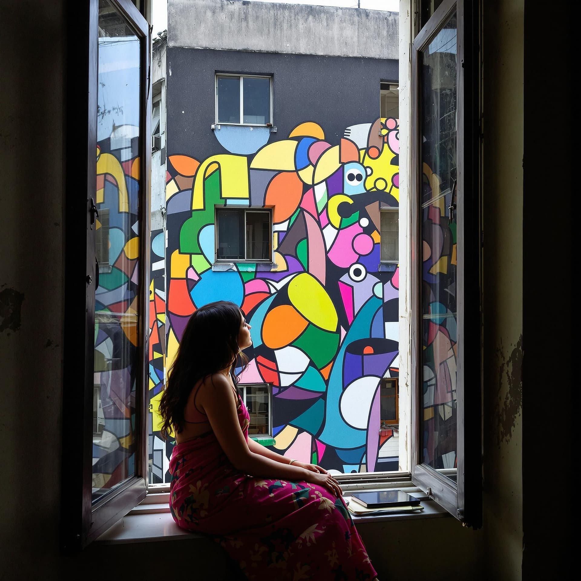 AI generated: a tall open window with a view of a building with a colorful abstract mural, a Indian woman, from th...