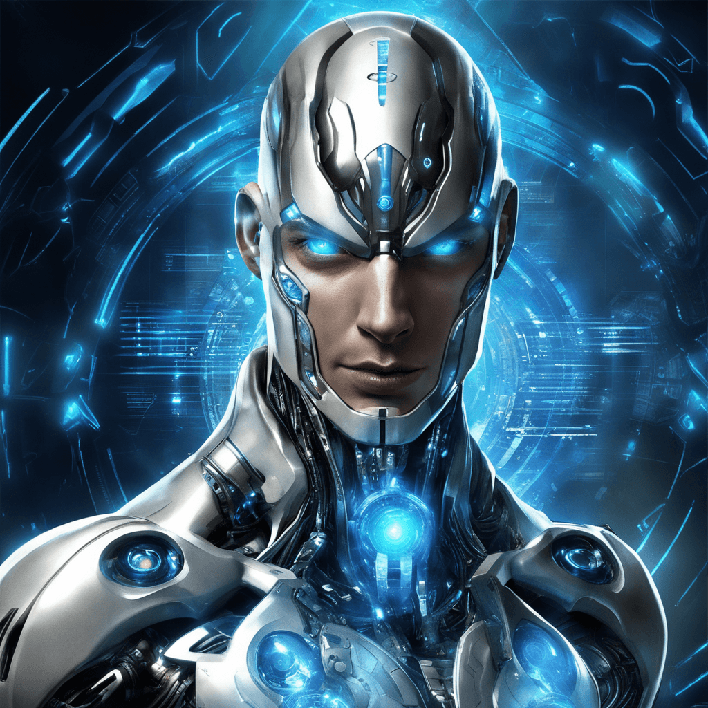 AI generated: Cipher-9 es un cyborg de aspecto vanguardista y futurista. Su mitad superior es orgánica, con una pi...
