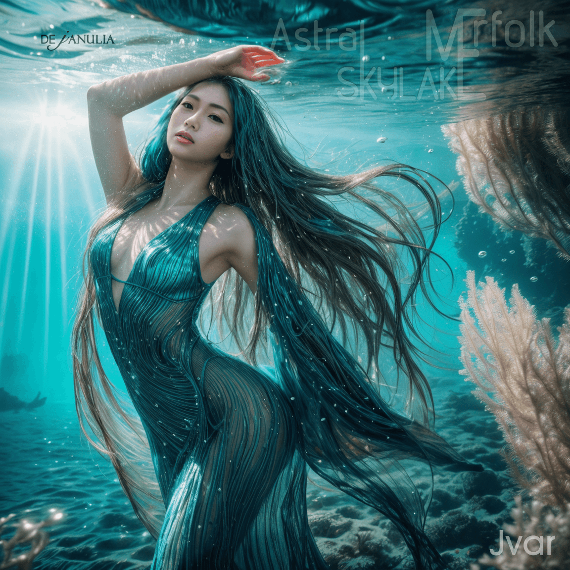 AI generated: Highly detailed RAW color photo professional, a beautiful merkind intricate face, teal hair, look li...