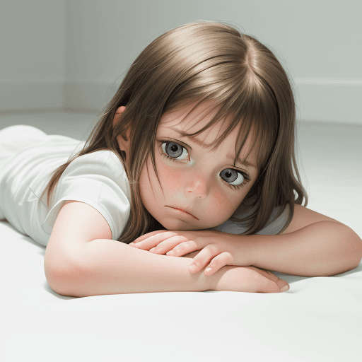AI generated: Realistic eye level photo of a 7 year old girl in an empty white room looking at the front,  lying o...
