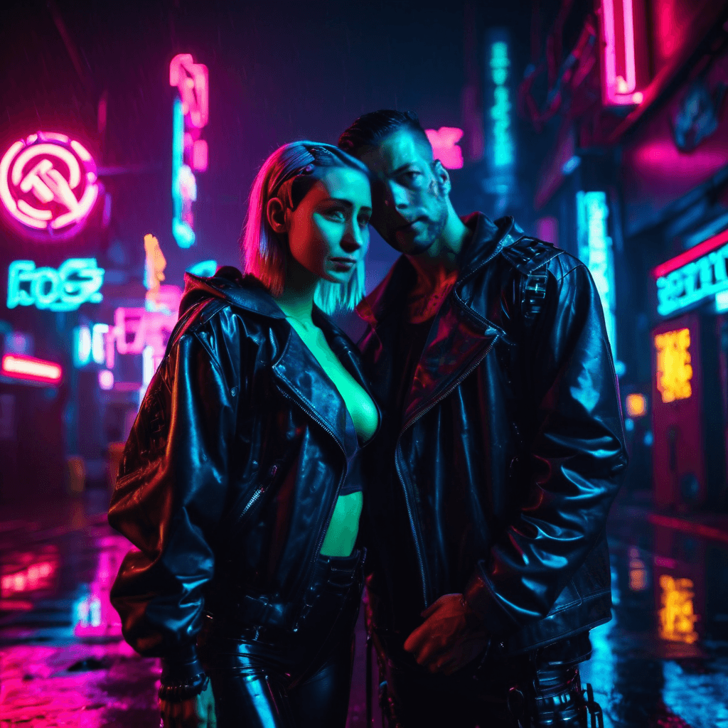 AI generated: Neon noir guy and girl heroic posing for a photo . Cyberpunk, dark, rainy streets, neon signs, high ...