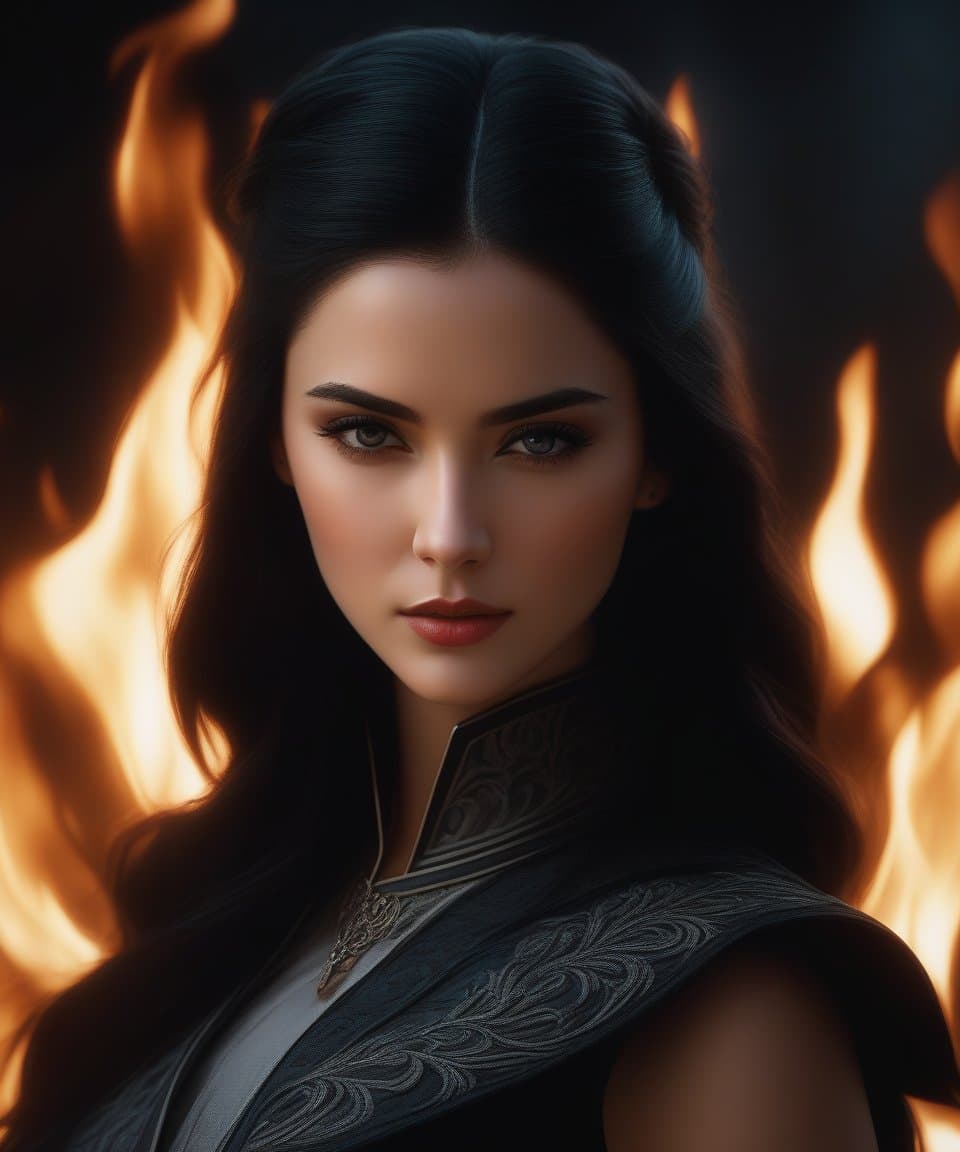 AI generated: dark theme, photo of a gorgeous dark-haired female in the style of stefan kostic, realistic, half bo...