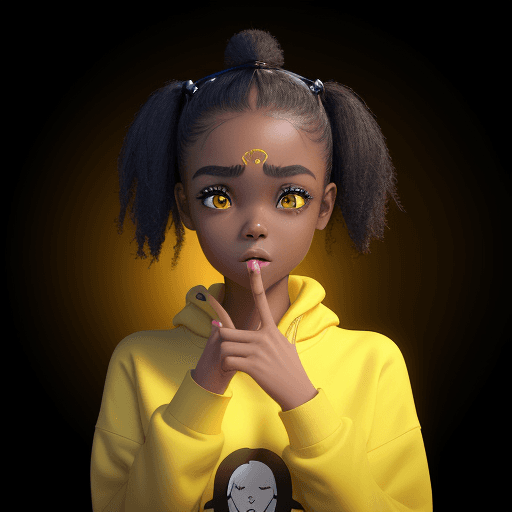 AI generated: cheerful young girl in a yellow sweatshirt, face expressing confusion with frowned eyebrows, hand as...