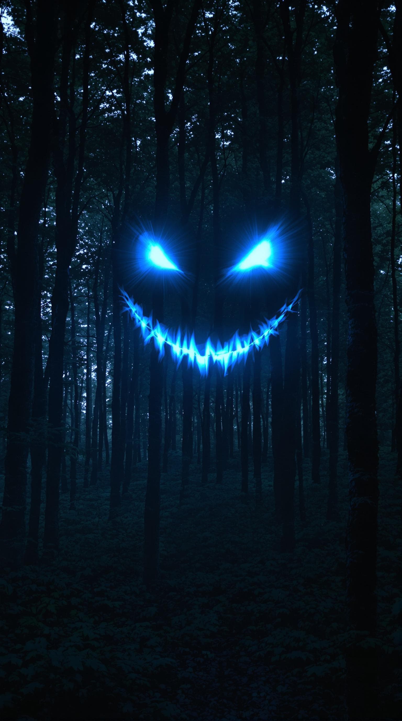AI generated: A dark forest. There is a terrifying smile and eyes floating in the air. The smile and eyes are made...