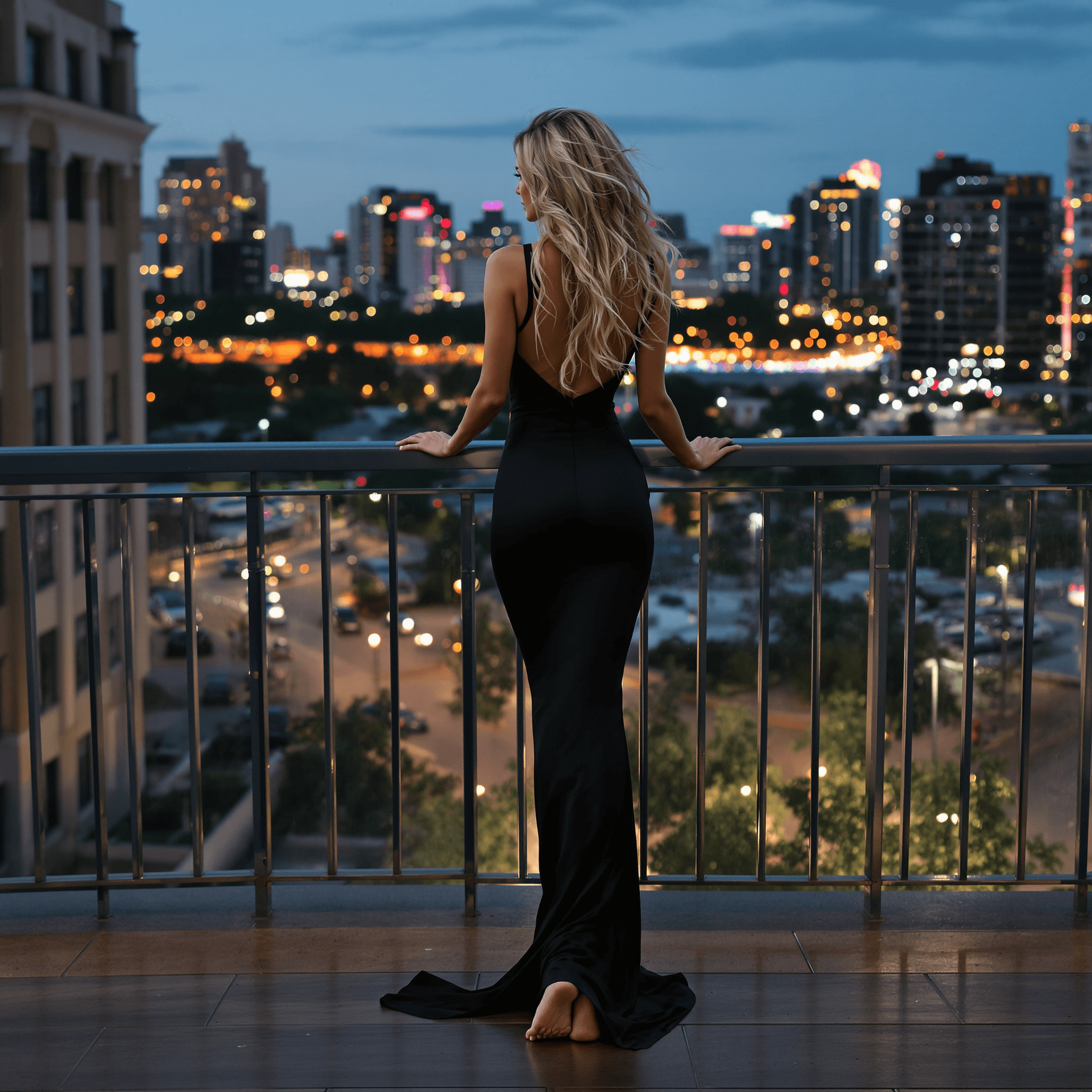 AI generated: Rear view of a tall and fit Russian woman wearing a form-fitting elegant long gown, back slightly ar...