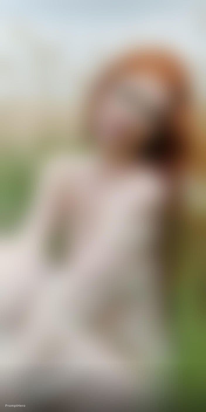 AI generated: A photorealistic portrait of a woman with vibrant, fiery red, wavy hair, seated in a field of tall g...