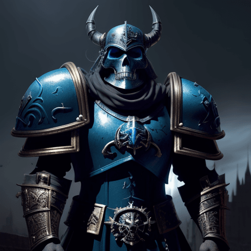 AI generated: warhammer astartes, skull helm, deep blue armor, gothic background with lightning and castle, highly...