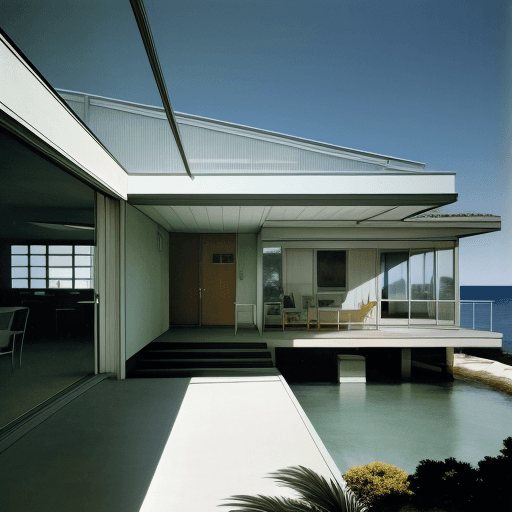 AI generated: Hyper realistic eye level exterior photo of a mid century modern style house overlooking the ocean, ...