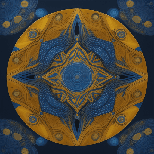 AI generated: Nextlevel design vlisco style waxprint, Deep blue, gold elements, blue circle pattern 
Detailed, dig...