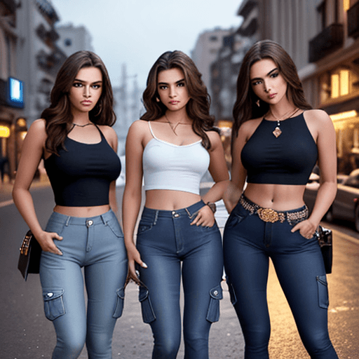 AI generated: Photo of beautiful latin models , in a top,  
 and fashion wide jeans with  cargo pockets with brune...