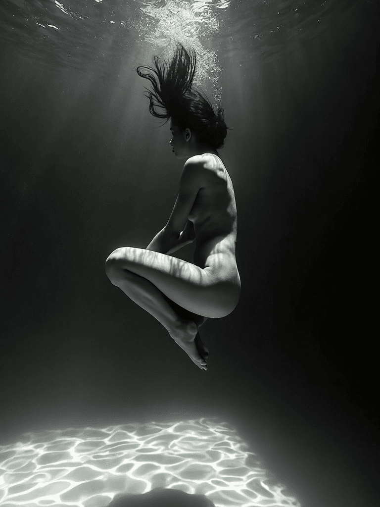 AI generated: A high-contrast black-and-white cinematic underwater photograph of a nude woman floating in a serene...
