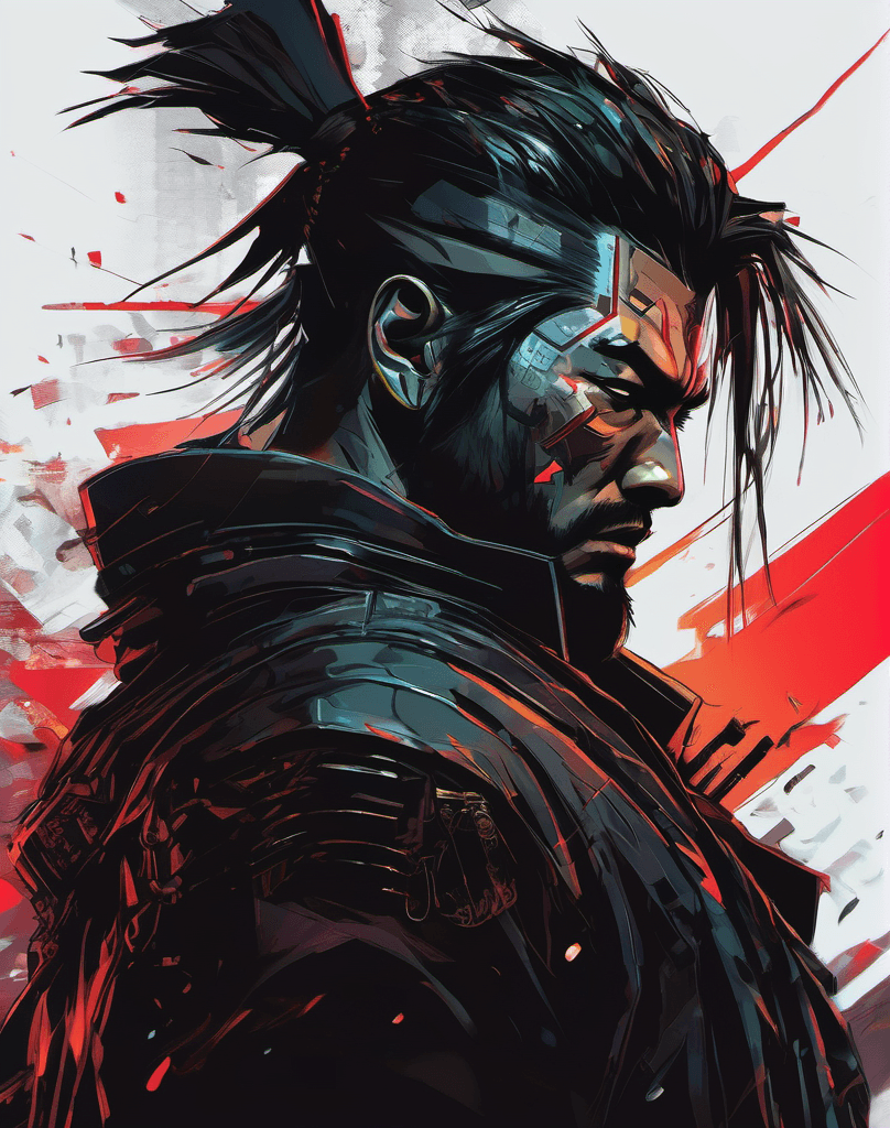 AI generated: digital wallpaper portrait of brutal cyberpunk samurai, anime, in the style of marvel comics, dark, ...