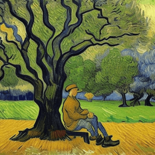 AI generated: van Gogh stands near elm tree and looks at the cat sitting near his feet