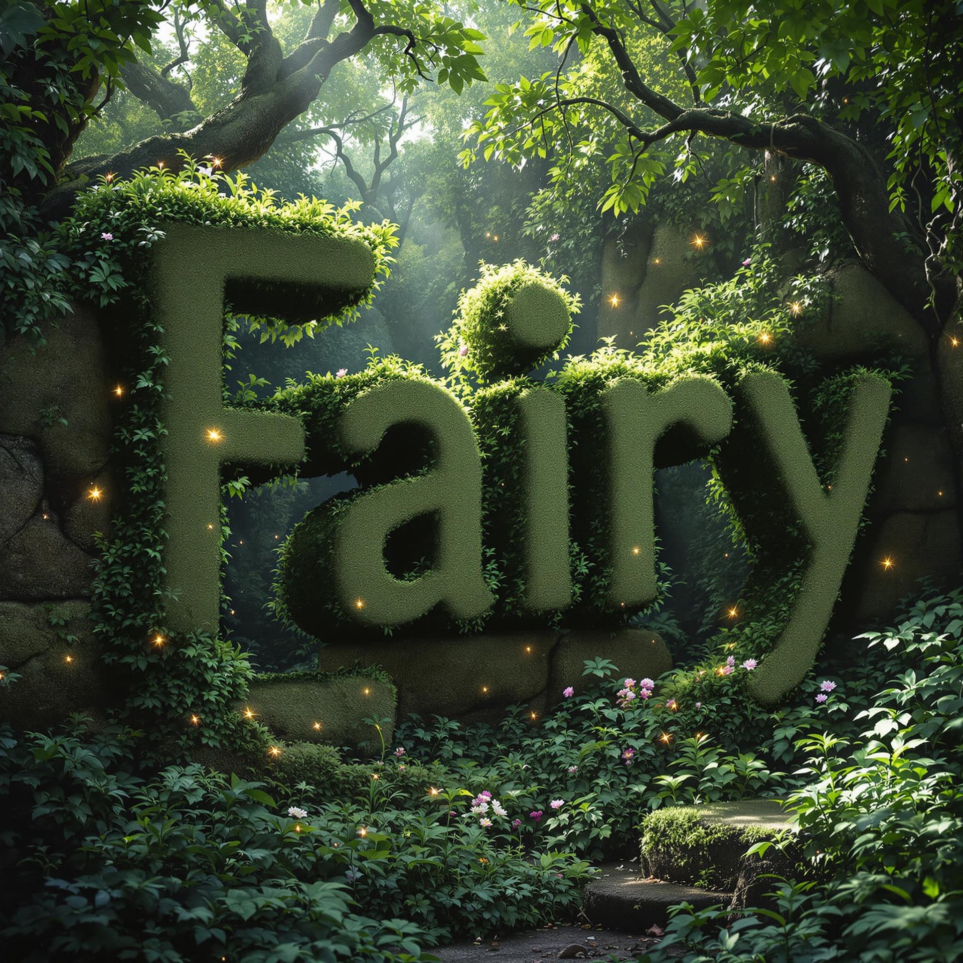AI generated: A dense, overgrown forest where the text 'Fairy' is sculpted from moss-covered stone ruins. Ivy, flo...