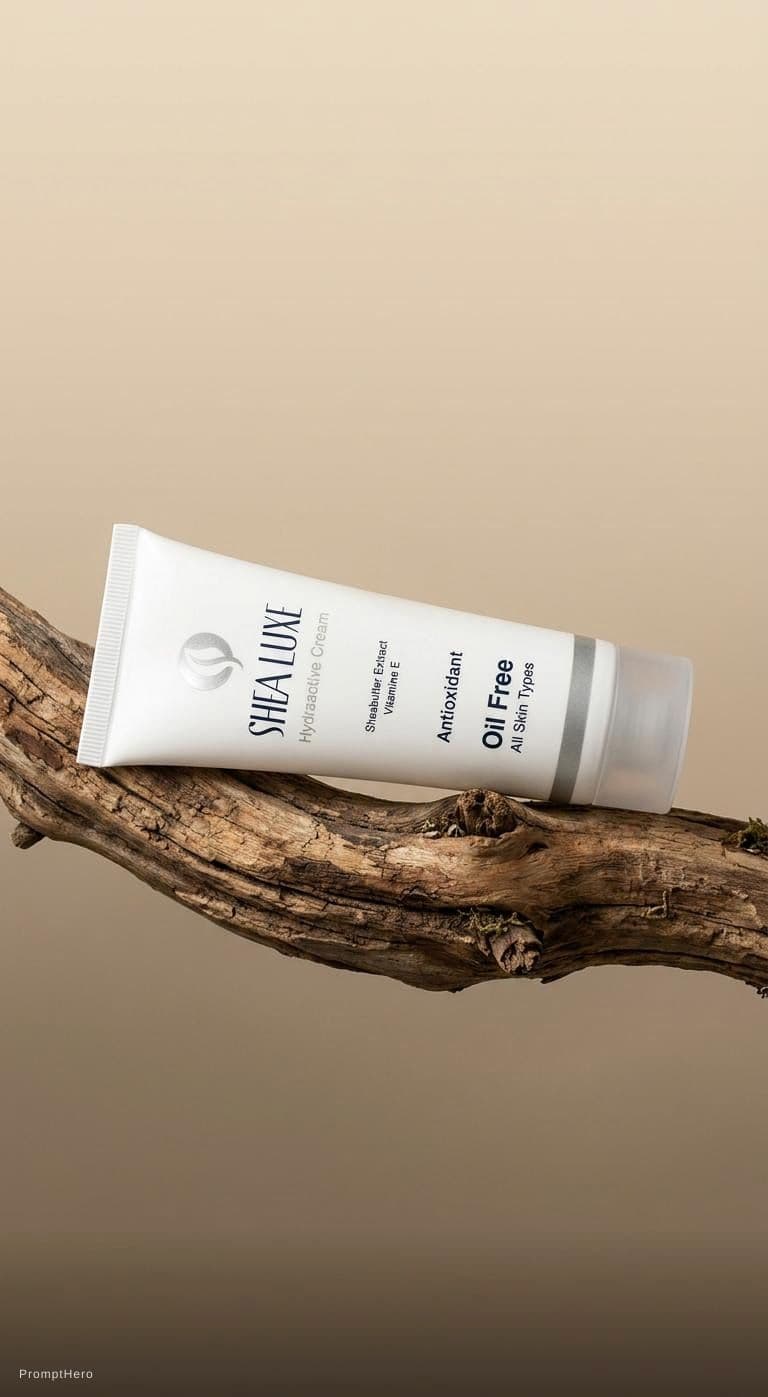 AI generated: Side View of product photography, in muji style, a white skinny cream tube on top of an old wooden b...