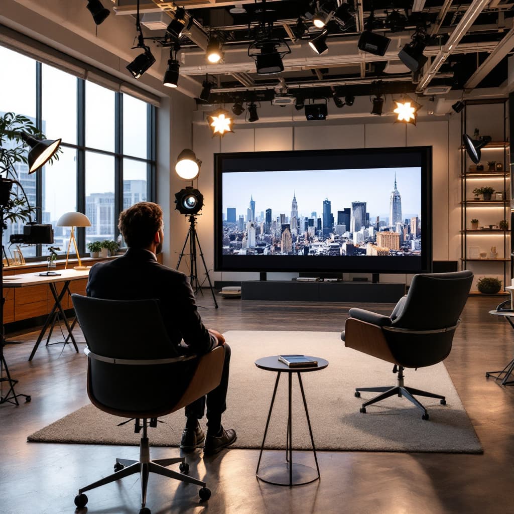 AI generated: a presenter on a chair facing the camera, a spacious TV studio with a frontal view, Herman Miller Ae...