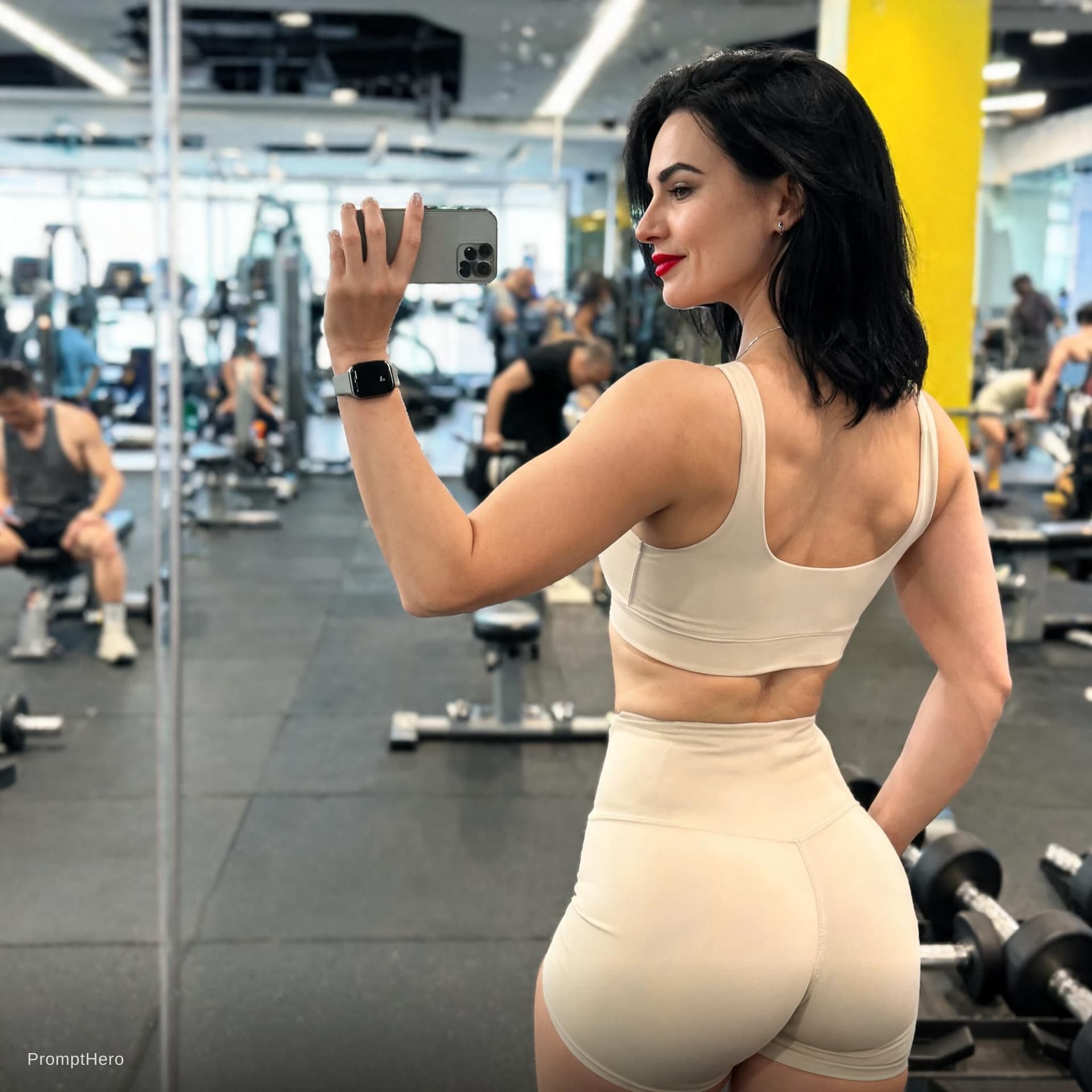 AI generated: Realistic portrait aspect gym mirror‑selfie of a black-haired 30 year old woman with European featur...