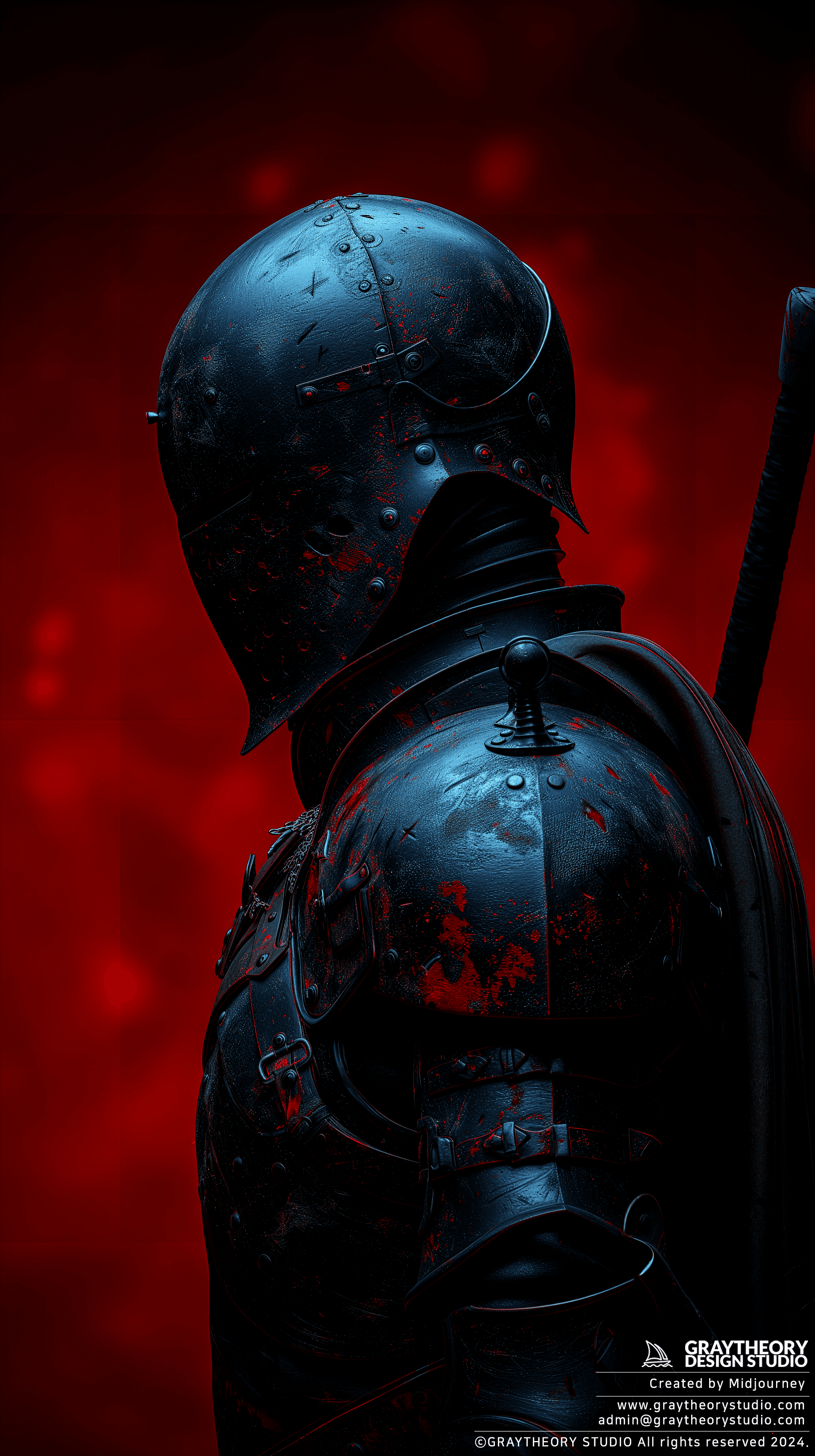 AI generated: wear armor, bust, side view, black steel color, solid bloody color backdrop, rtx shader, realism stu...