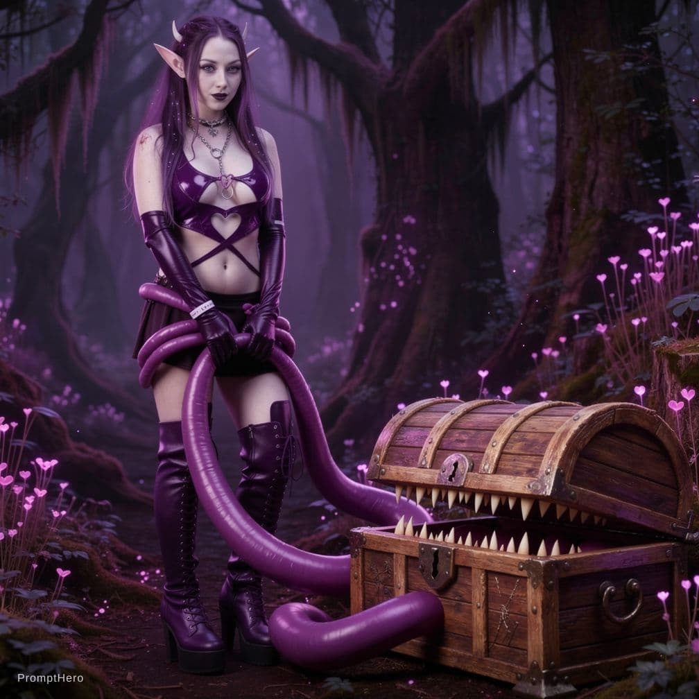 AI generated: have her captured by a chest mimic in its phallic tentacles coming out of its toothy mouth, the tent...