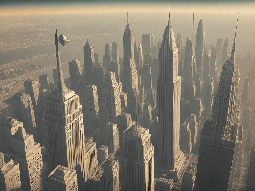 AI generated: 35mm photo of a huge art-deco style city, zeppelin flying in the air, aerial shot, beautiful photo, ...