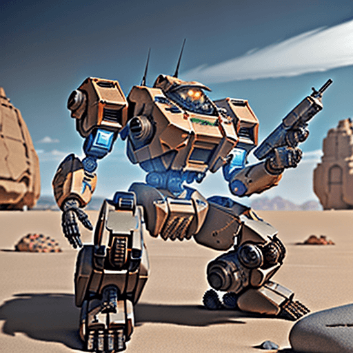 AI generated: a mechwarrior crab head,reverse knees,electronics,details ,concept,in desert with rocks and stones,m...