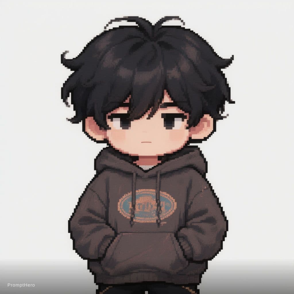 AI generated: 16-bit pixel art micro-chibi character sprite, an ultra-cute boy with a noticeably big head and a ti...