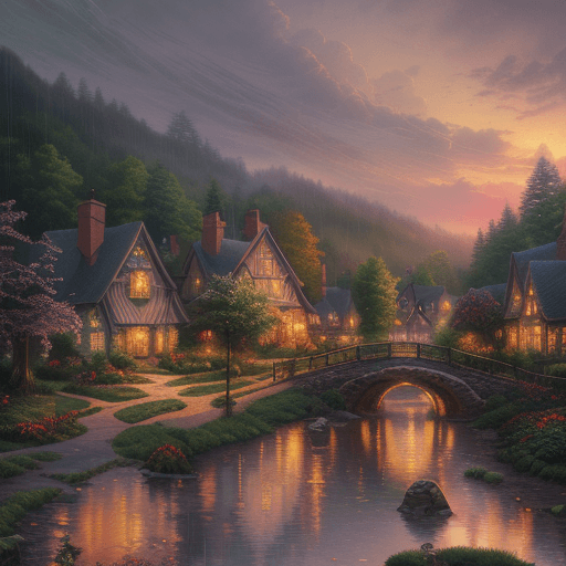 AI generated: Thomas Kinkade style watercolor painting of a beautiful village in the middle of an enchanted forest...