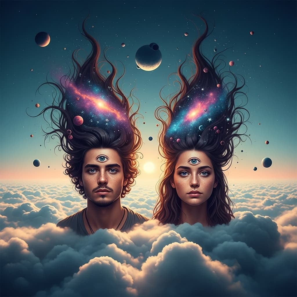 AI generated: Psychedelic, surreal, photo illustration from a world in the clouds, a surrealistic young Hippy man ...