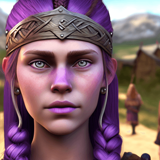 AI generated: a picture of girl viking lifestyle, standing with her friends, purple hair, epic, front face, closeu...