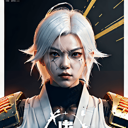 AI generated: Large white border all round. Overlay Japanese type. A poster with of goku in golden armored and whi...