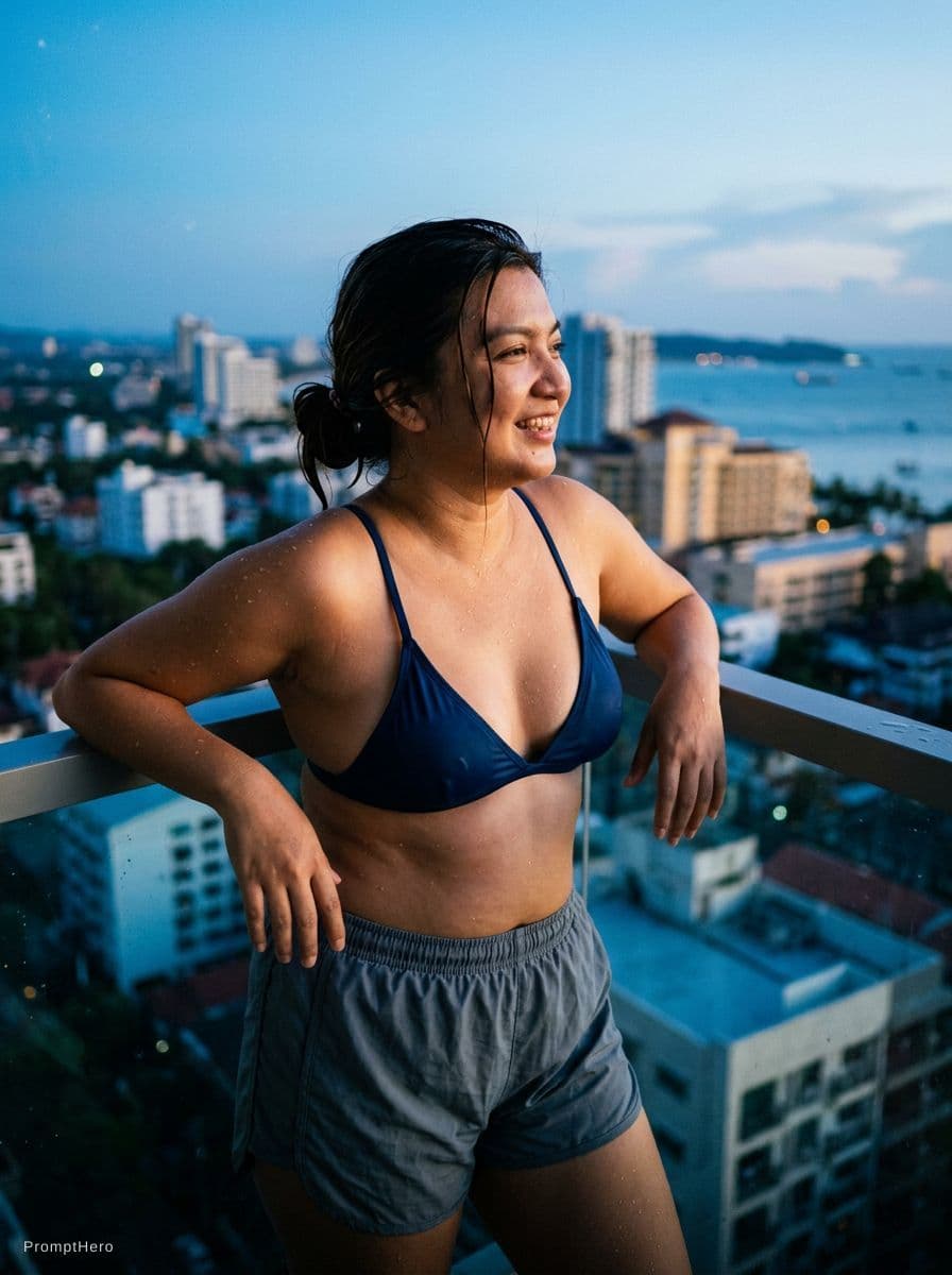 AI generated: A documentary style photograph of a young female on a high balcony just after swimming. Her long dar...