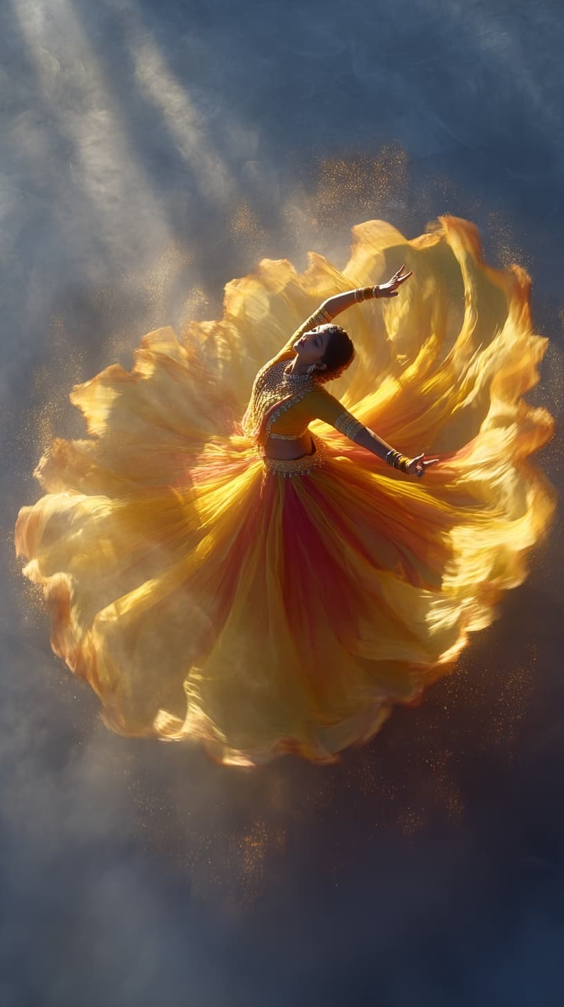 AI generated: A mesmerizing Indian female dancer captured in mid-whirl from a dramatic top-angle shot. She wears a...