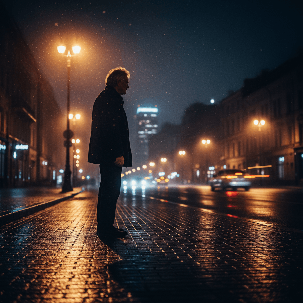 AI generated: Side view of silhouette gray-haired old man in street lights, volumetric lighting, cinematic angle, ...