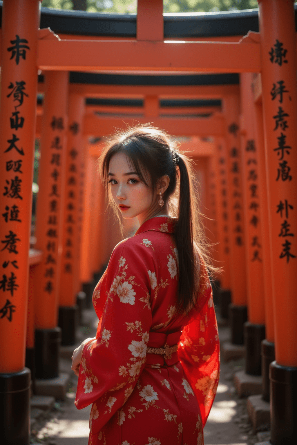 AI generated: a close up image of a Japanese woman, facing the viewer, standing in front of a series of red torii ...