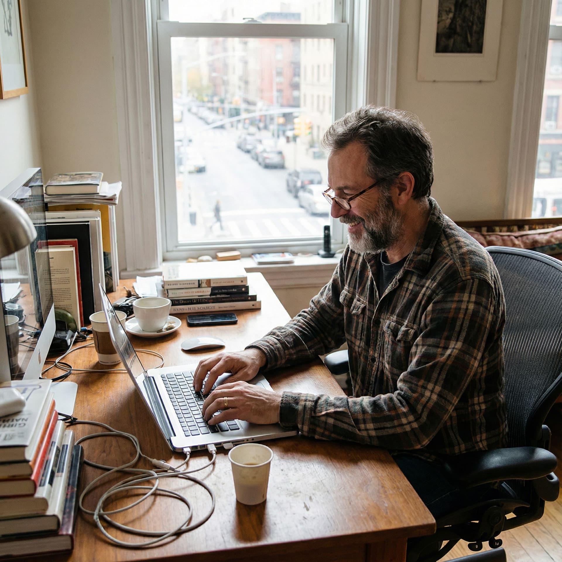 AI generated: A man wornking on his computer 