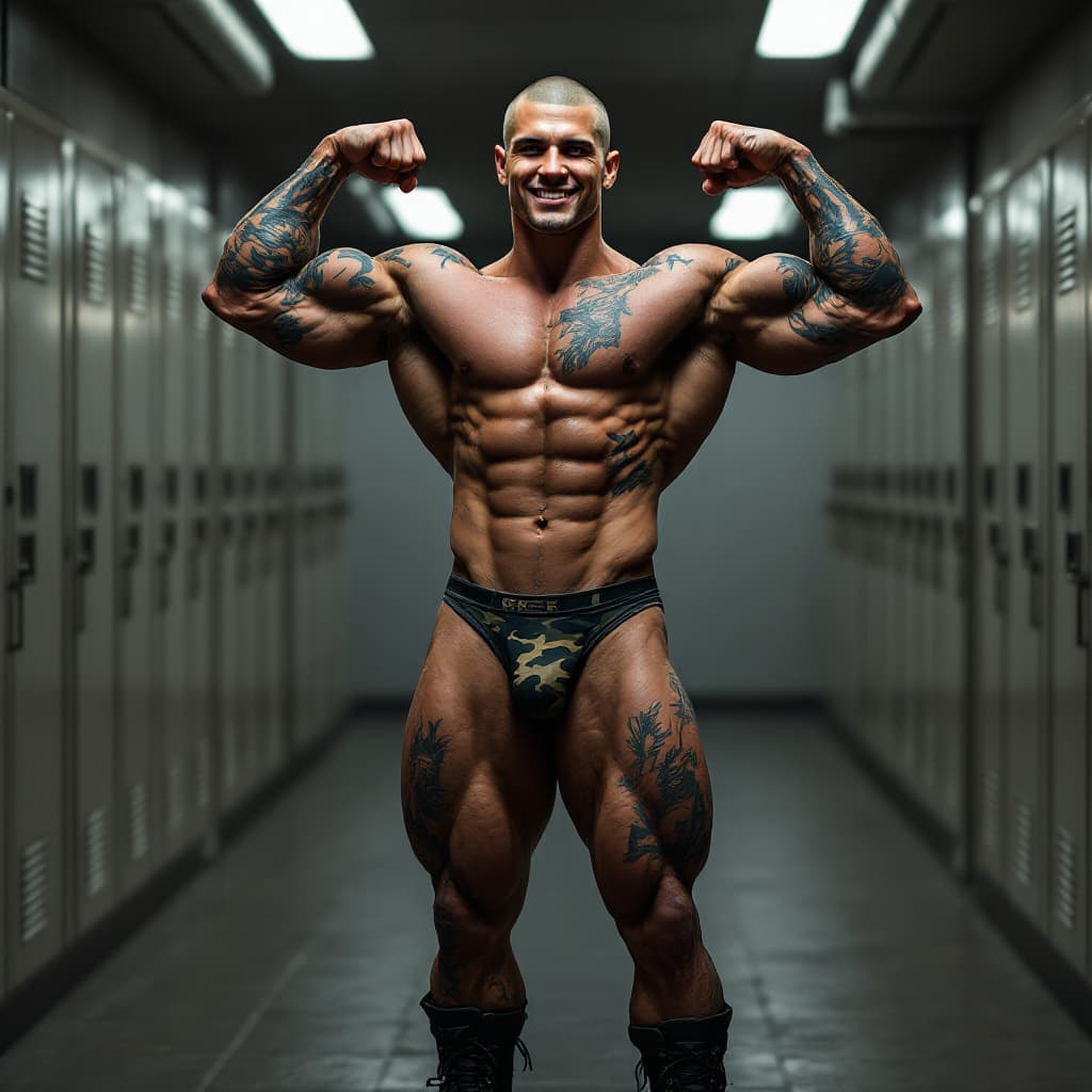 AI generated: Front lit, Full body image, young tall army muscle, heavily tattooed, slim face, chiseled jawline, s...