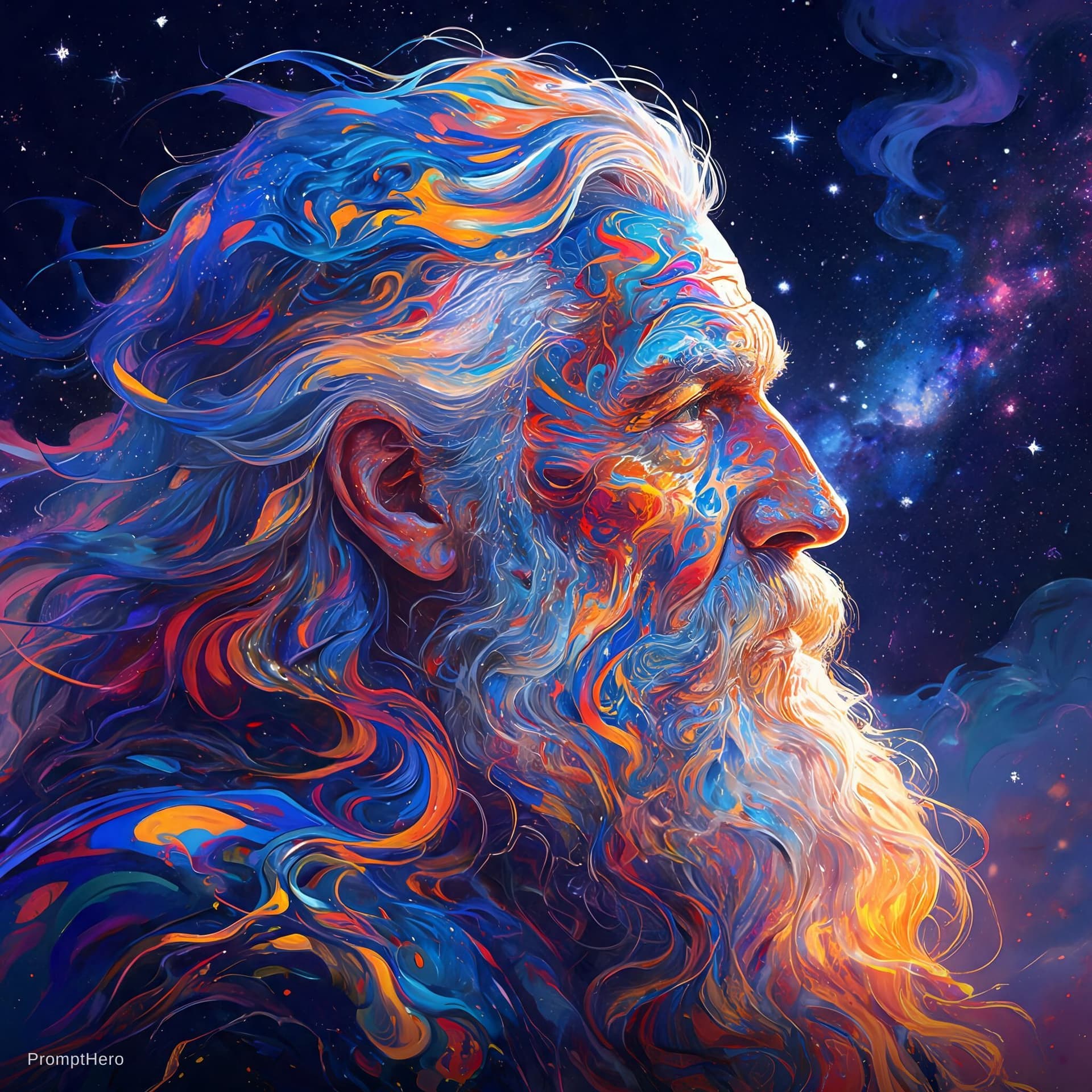 AI generated: A surreal abstract portrait of an old man in side profile, face formed entirely from flowing colorfu...