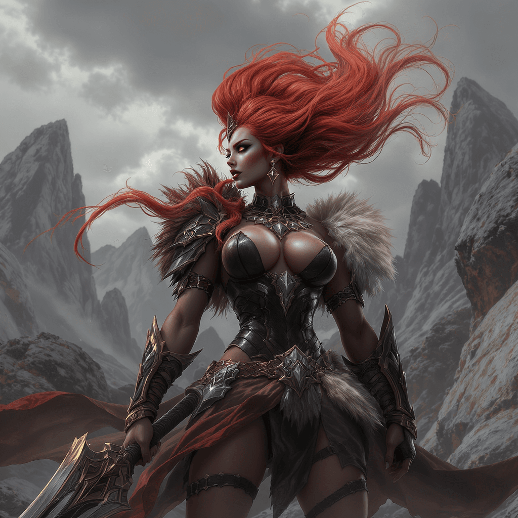 AI generated: A powerful fantastic warrior stands proudly in a rugged landscape, showcasing her impressive silhoue...
