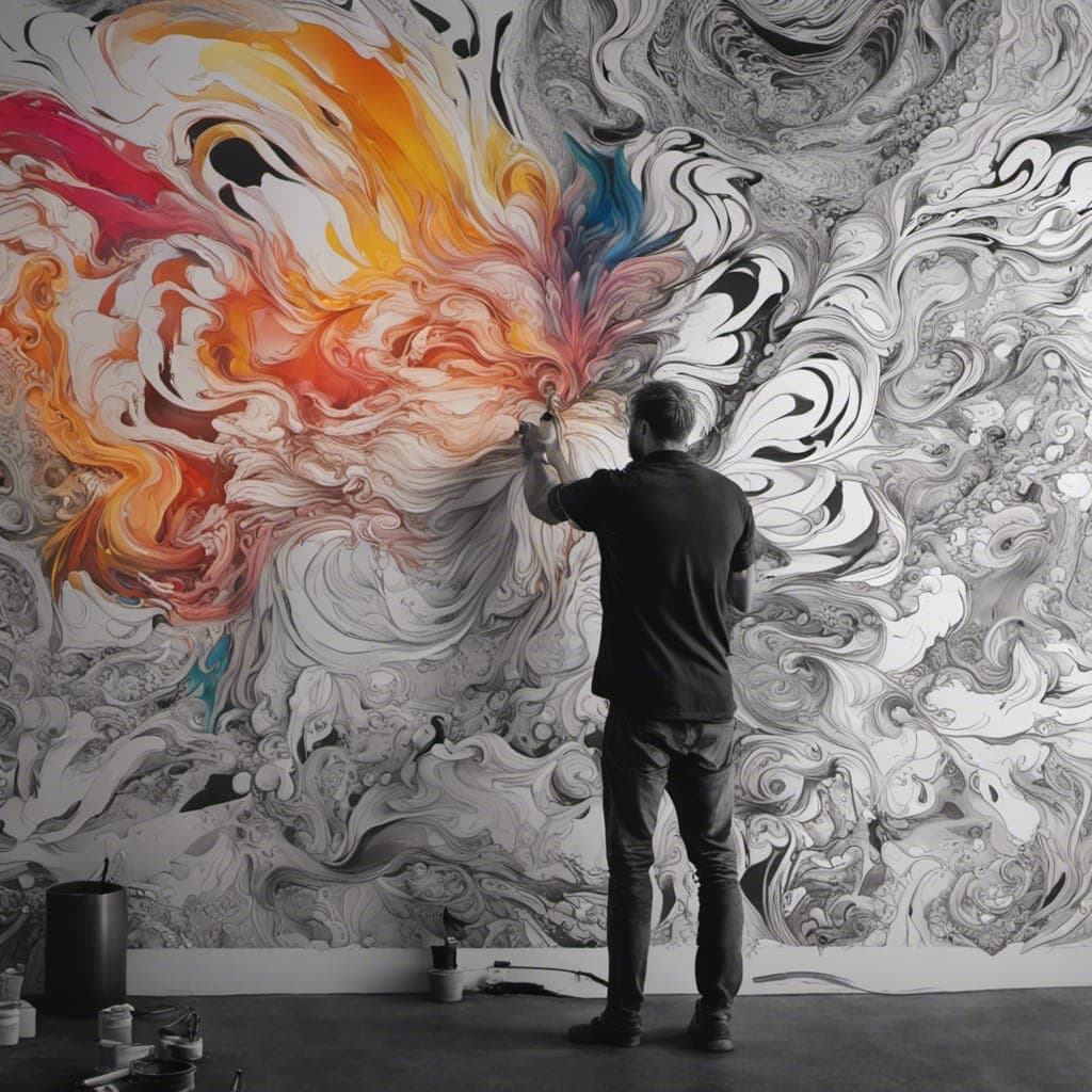 AI generated: A wide view of a man creating art on a wall, beautiful patterns, all colors black and white, highly ...