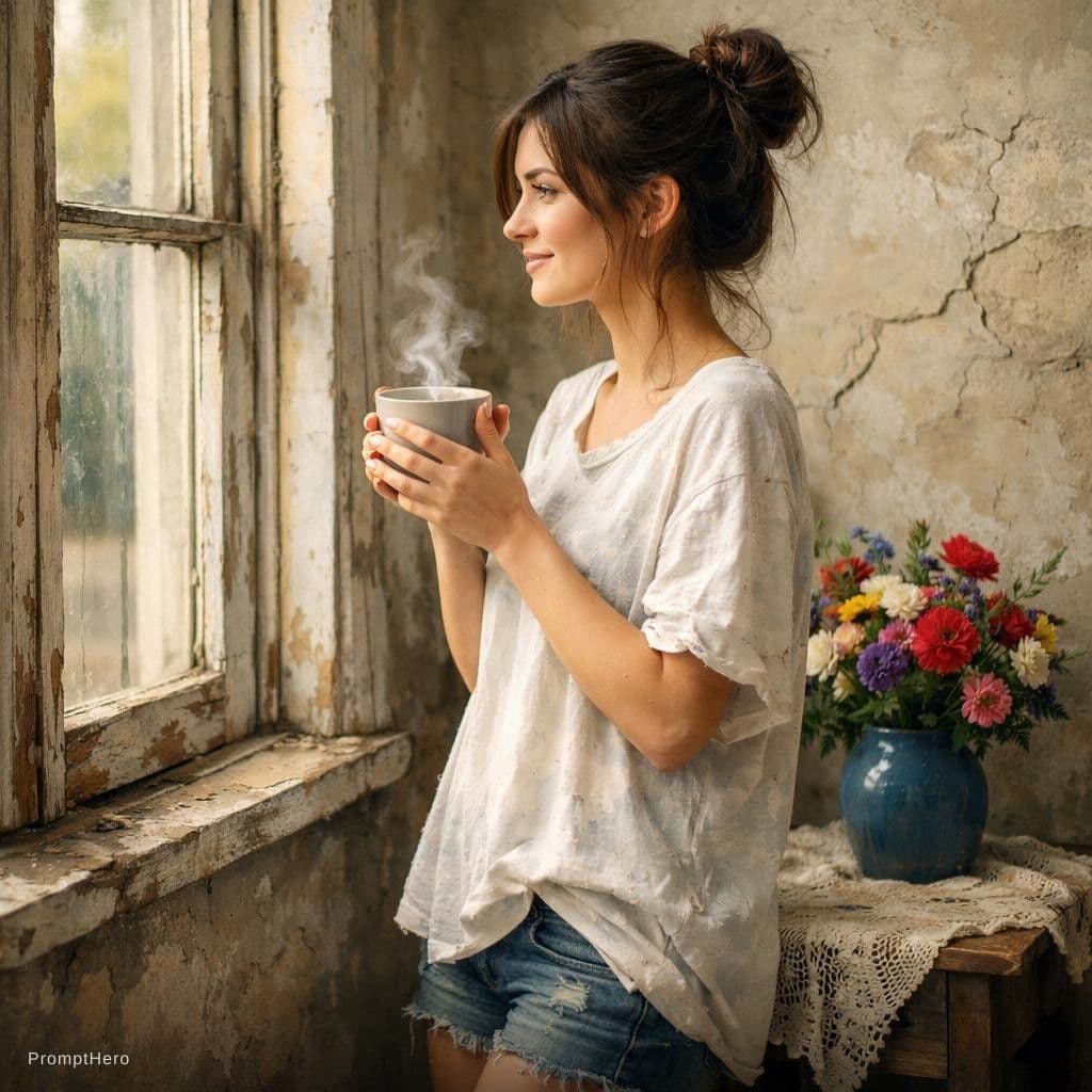 AI generated: A realistic photo three-quarter view of a slim young woman standing at a window holding a steaming c...