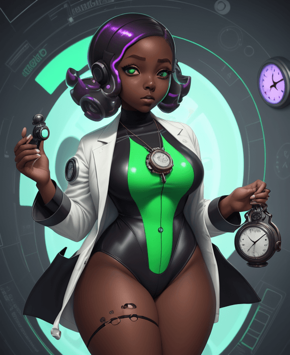 AI generated: octoling girl, adult, dark skin, thick thighs, chest, splatoon, futuristic tech, hypnotized, pocket ...