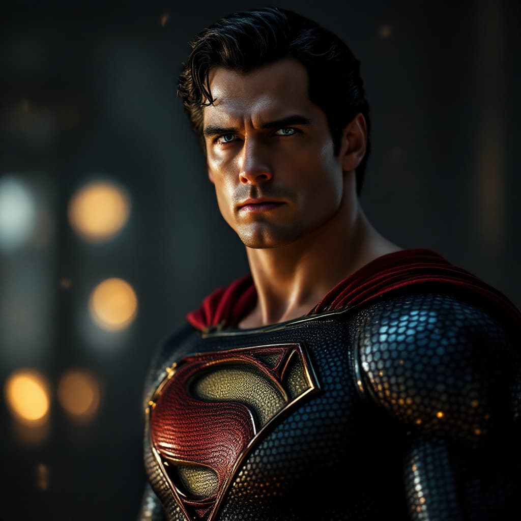 AI generated: Henry Cavil as superman ,in a black, dark red and gold suit whole body, cinematic, intense, cinemati...