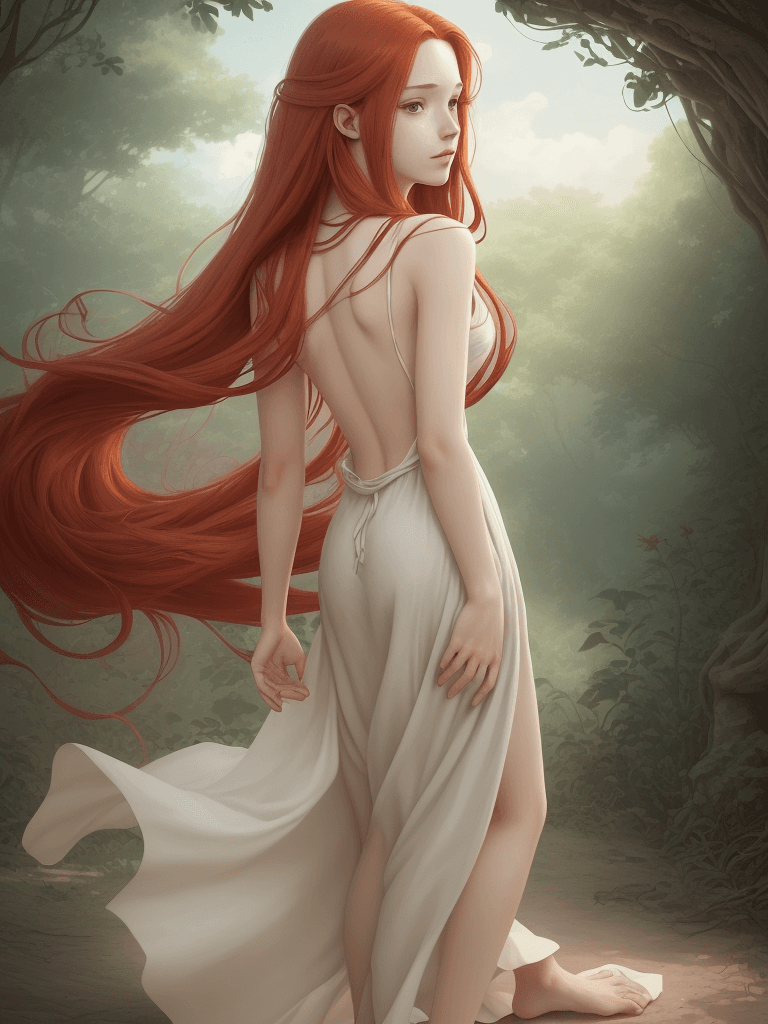 AI generated: stunning digital illustration, 20yo male showing her back to camera, soft features, posing, long red...