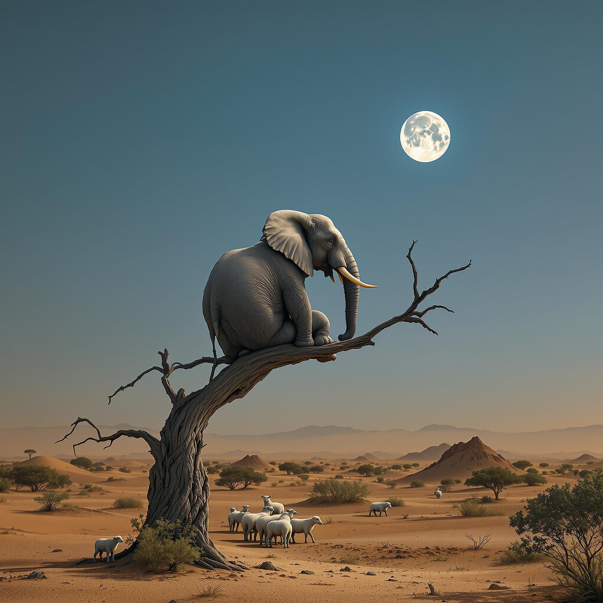 AI generated: A surreal depiction of an elephant, facing away the viewer, sitting on a thin, fragile looking bare ...
