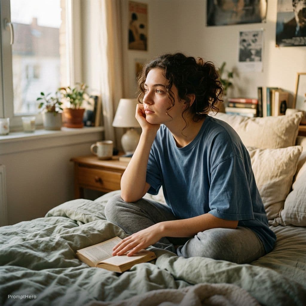 AI generated: girl on bed just thinking 
