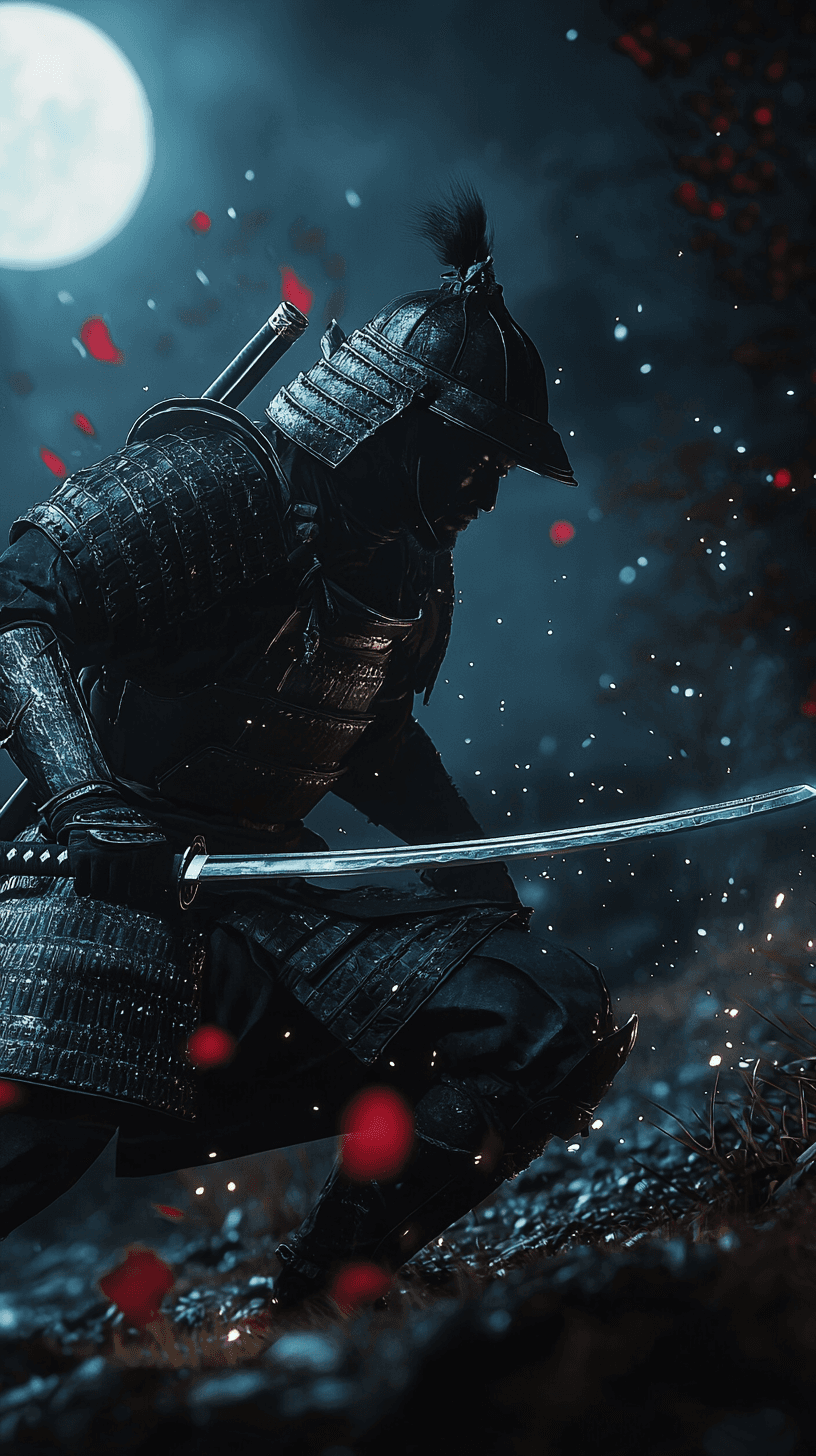 AI generated: at night, taking katana out of sheet, fighting pose, samurai warrior in battlefield, all black armou...